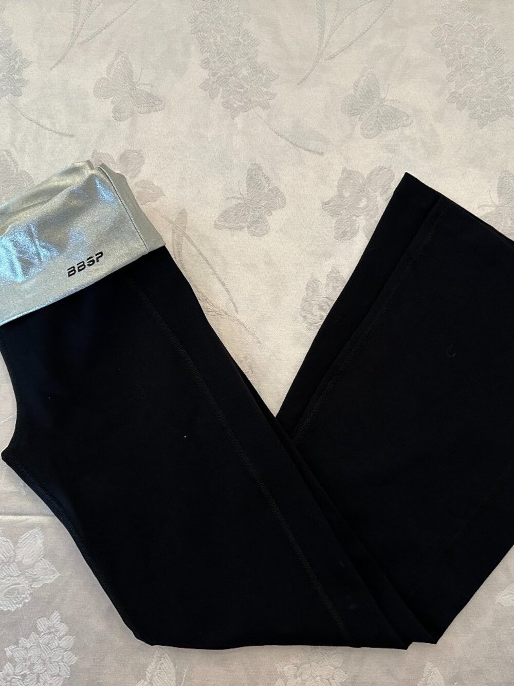 NWT Bebe Sport Y2K Black Metallic Silver Foldover Yoga Pants S